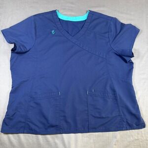 Cherokee Workwear Women 3XL Navy Teal Scrub Top V-Neck Medical Nursing